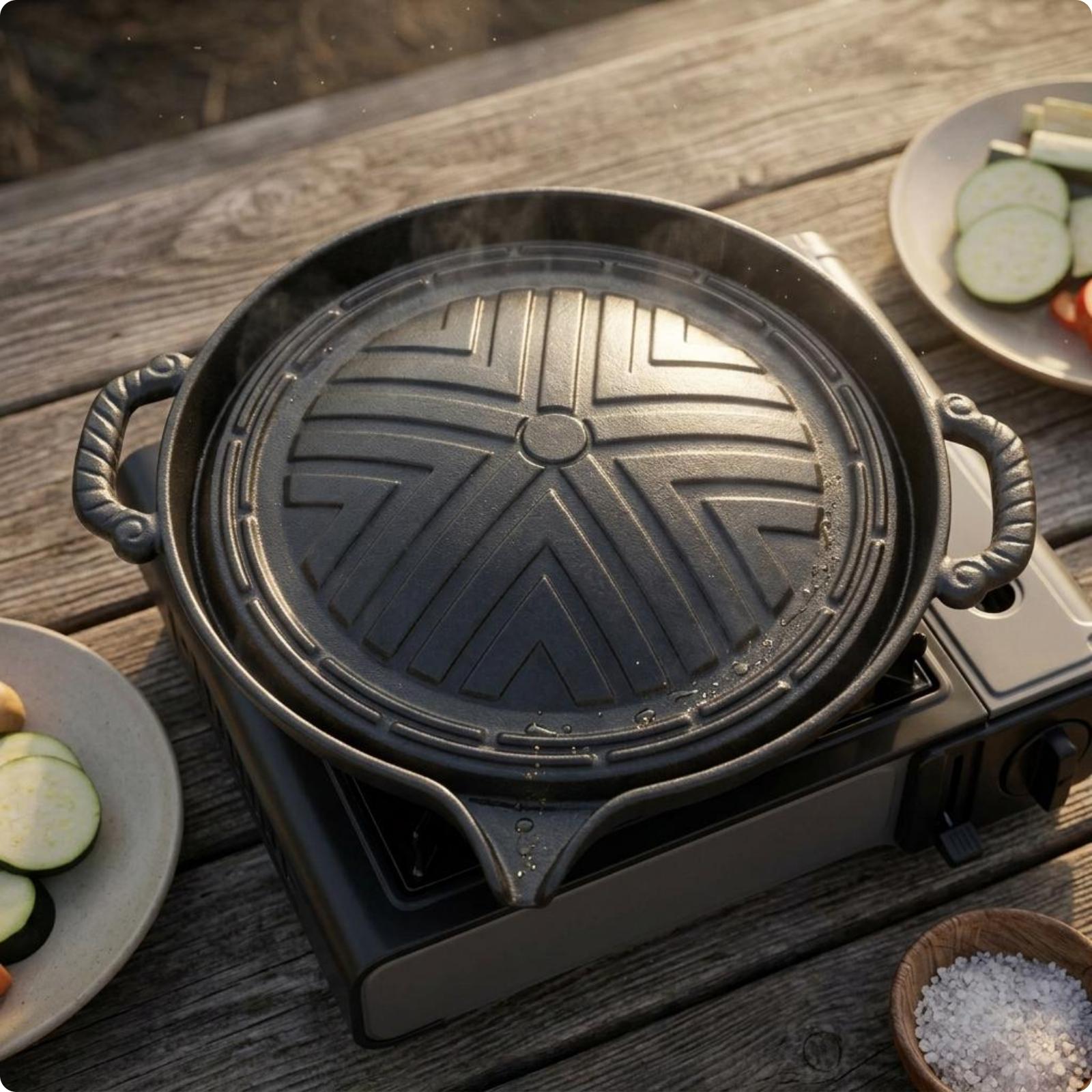 Skillet Cast Iron Camp - Ovale Grillpfanne aus Gusseisen für Outdoor-BBQ,