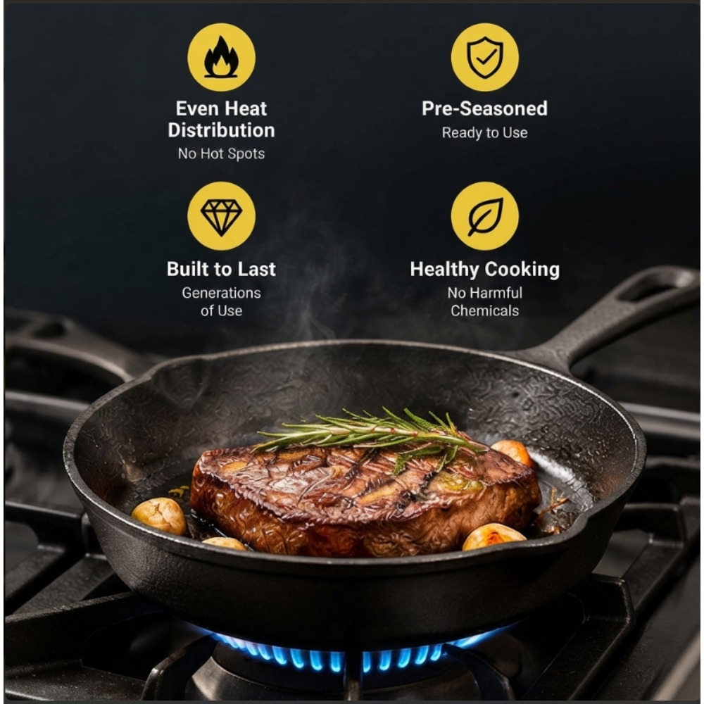 Skillet Cast Iron Camp - 3-teiliges Gusseisen-Bratpfannen-Set, 6, 8, 10 Zoll