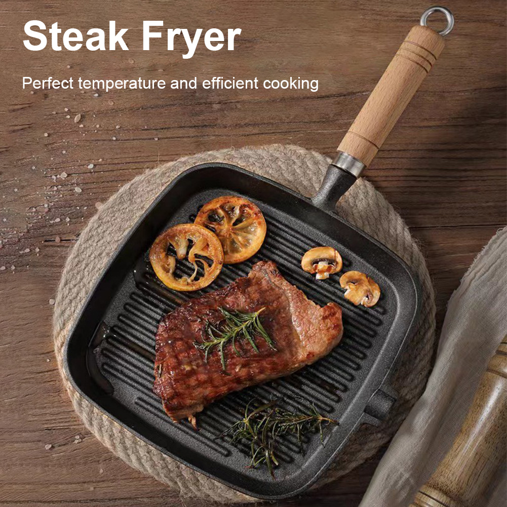 Skillet Cast Iron Camp - Eisenpfanne Unbeschichtet Antihaft-Steakpfanne Kochtopf mit Holzgriff