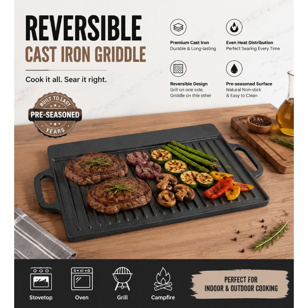 Skillet Cast Iron Camp - Vorbehandelte Gusseisen-Grillplatte 50,5 x 23,7 cm,