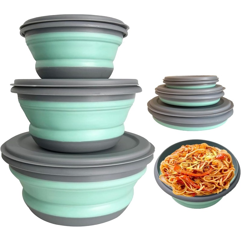 Camping Cooking Dishes - 3-teiliges Silikon-Faltlunchbox-Set, Zusammenklappbare Tragbare Schüsseln für