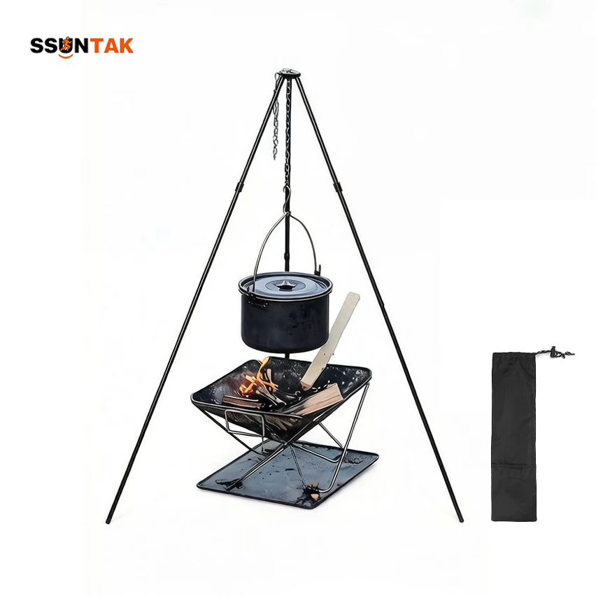 Camping Cooking Pot Tripod - SSUNTAK Tragbarer Abnehmbarer Camping-Grill Dreibein-Hängesockel Verstellbarer