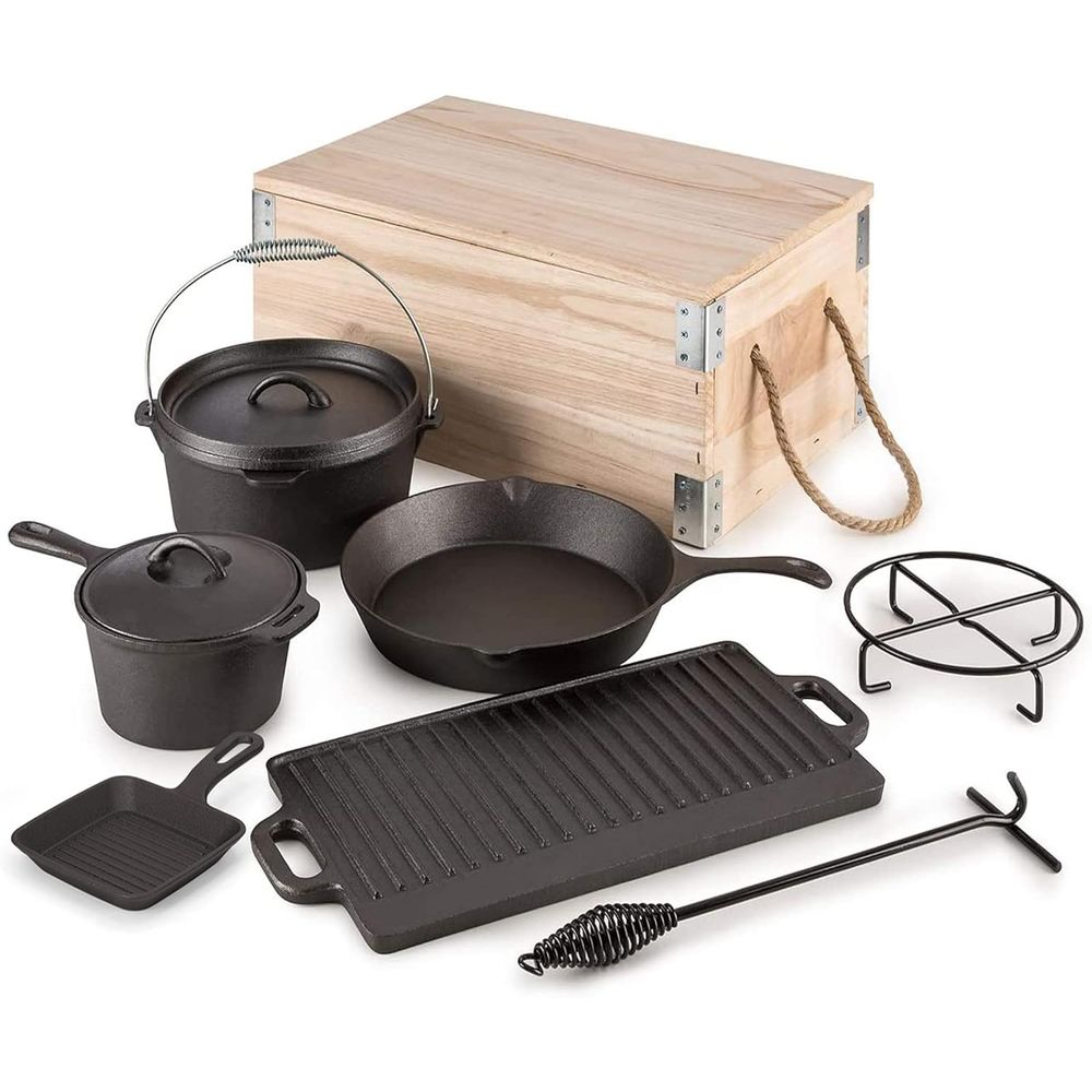 Skillet Cast Iron Camp - 8-teiliges Vorgefertigtes Gusseisen-Kochgeschirr-Set für Camping und